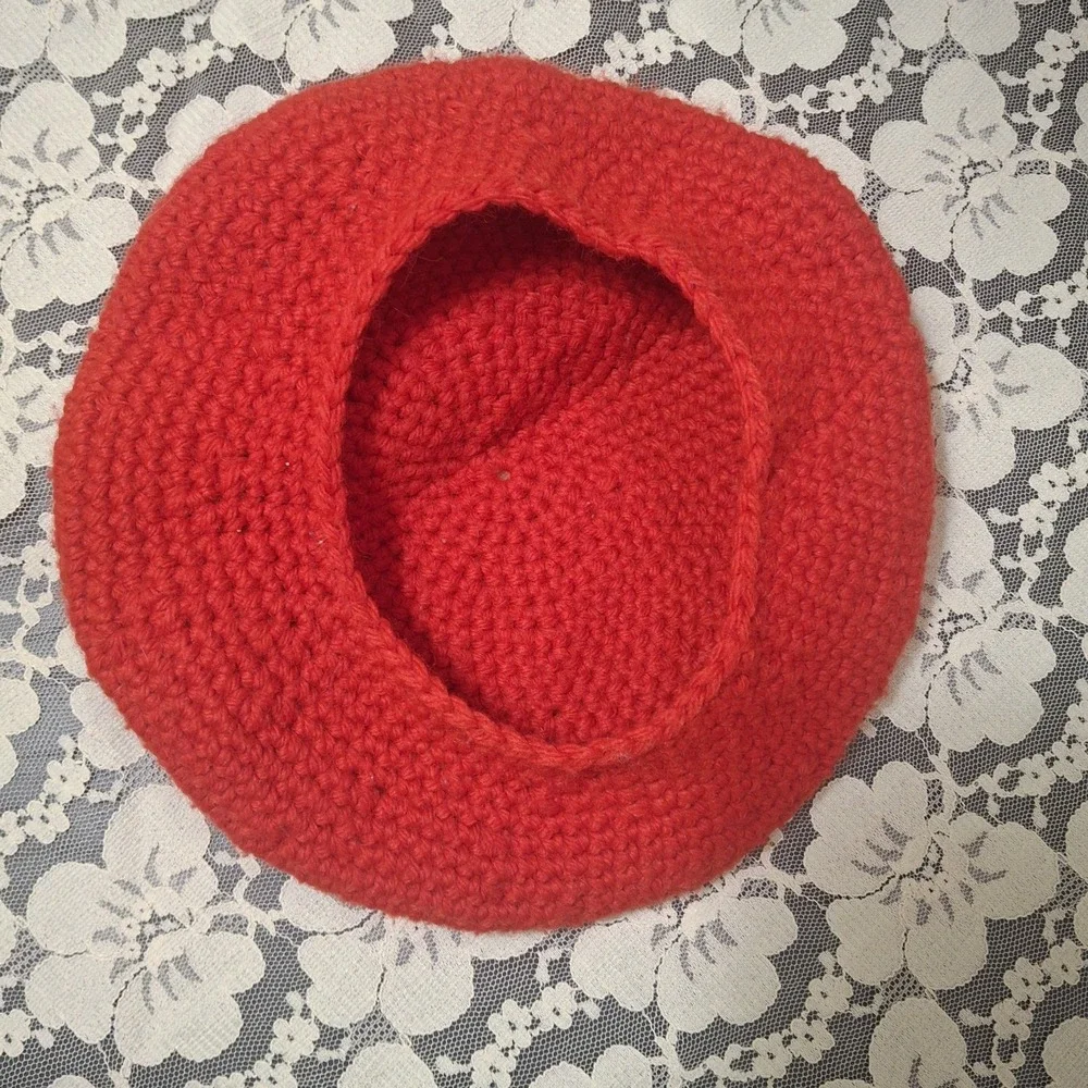 Handmade Red Ohio‎ Crochet Knit Beret Hat Featuring a Brown Acorn